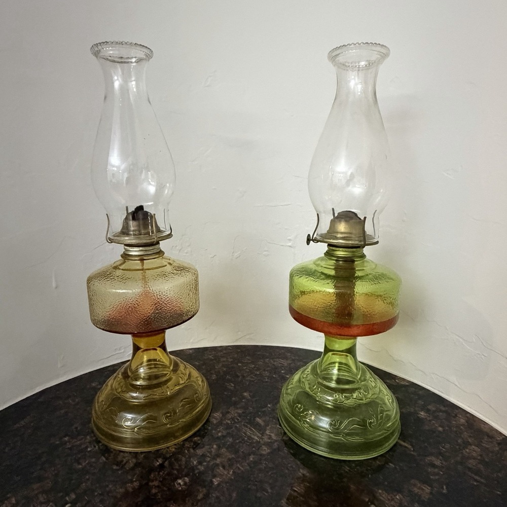 Vintage Pair of Depression Glass P&A Oil Lamp Globe Green Yellow Risdon Company